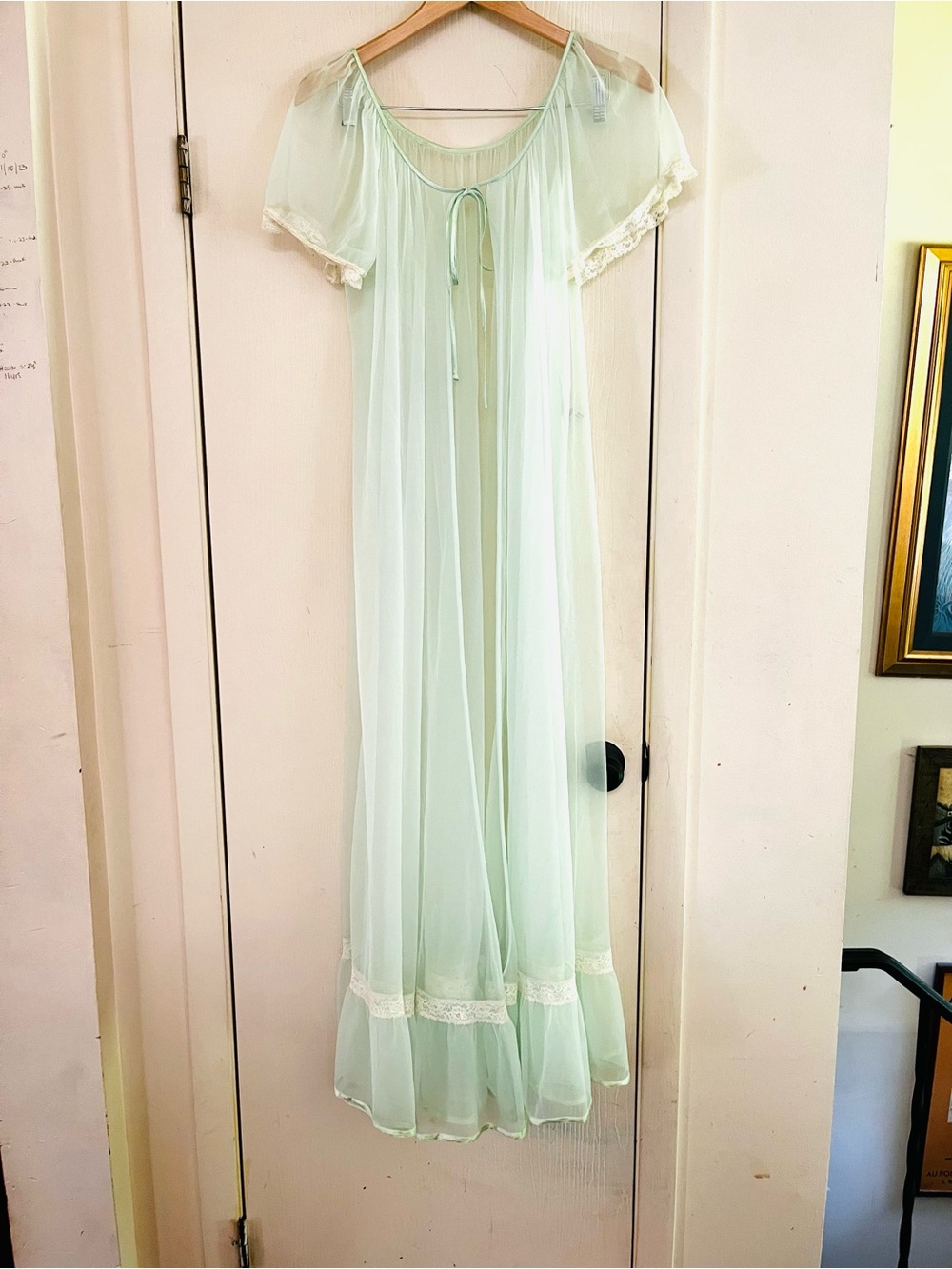 VTG 60s Mint Green Chiffon Ethereal Coquette Bridal Peignor Fairycore Maxi Gown